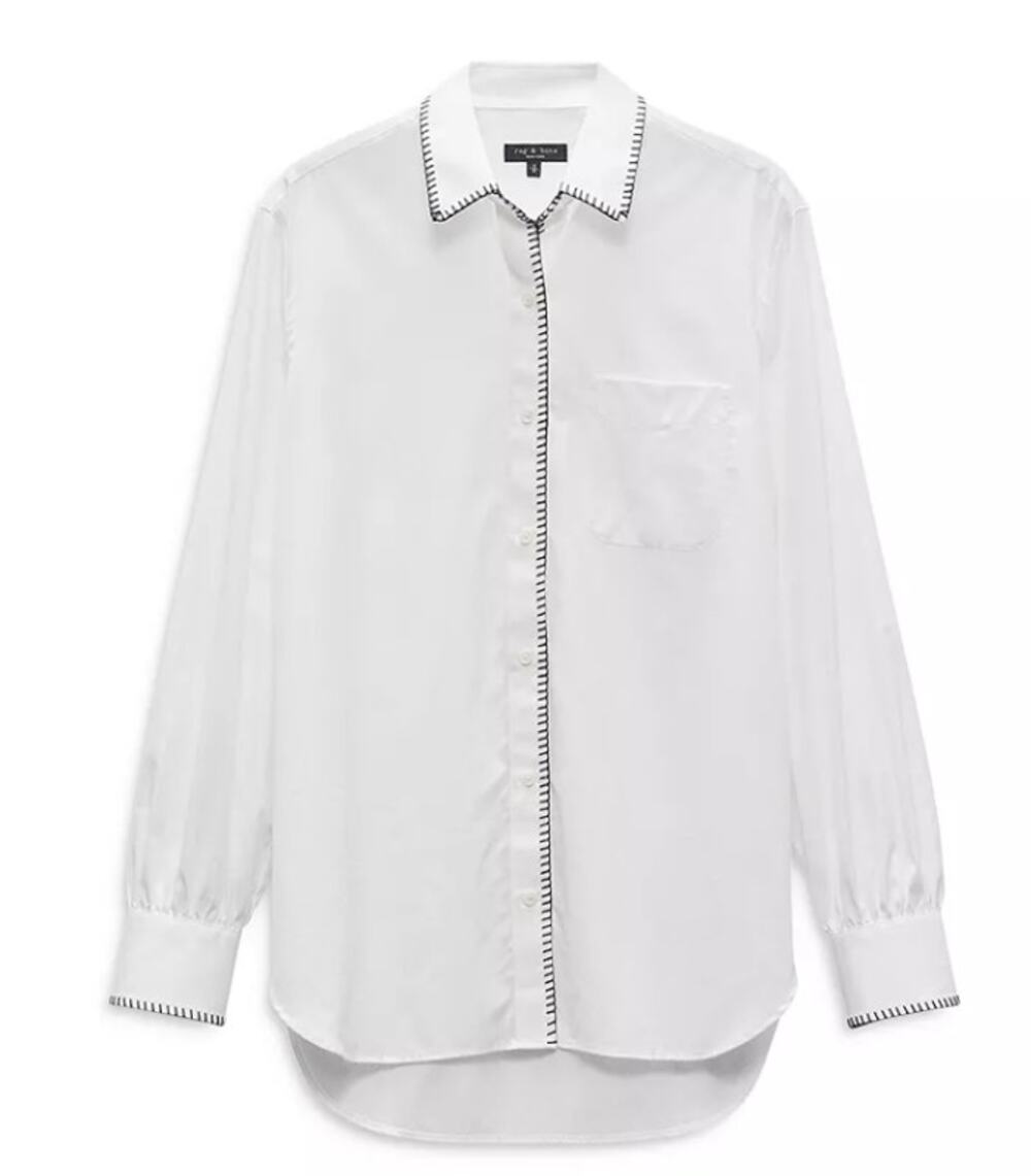 RAG & BONE TOP WOMENS MAXINE BLANKET STITCH COTTON BUTTON-UP BLOUSE WHITE NEW